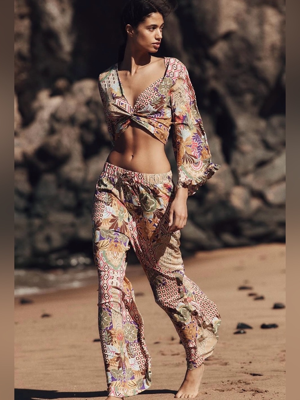 Zara S Patchwork Boho Floral Bell Sleeve Crop Top NWT